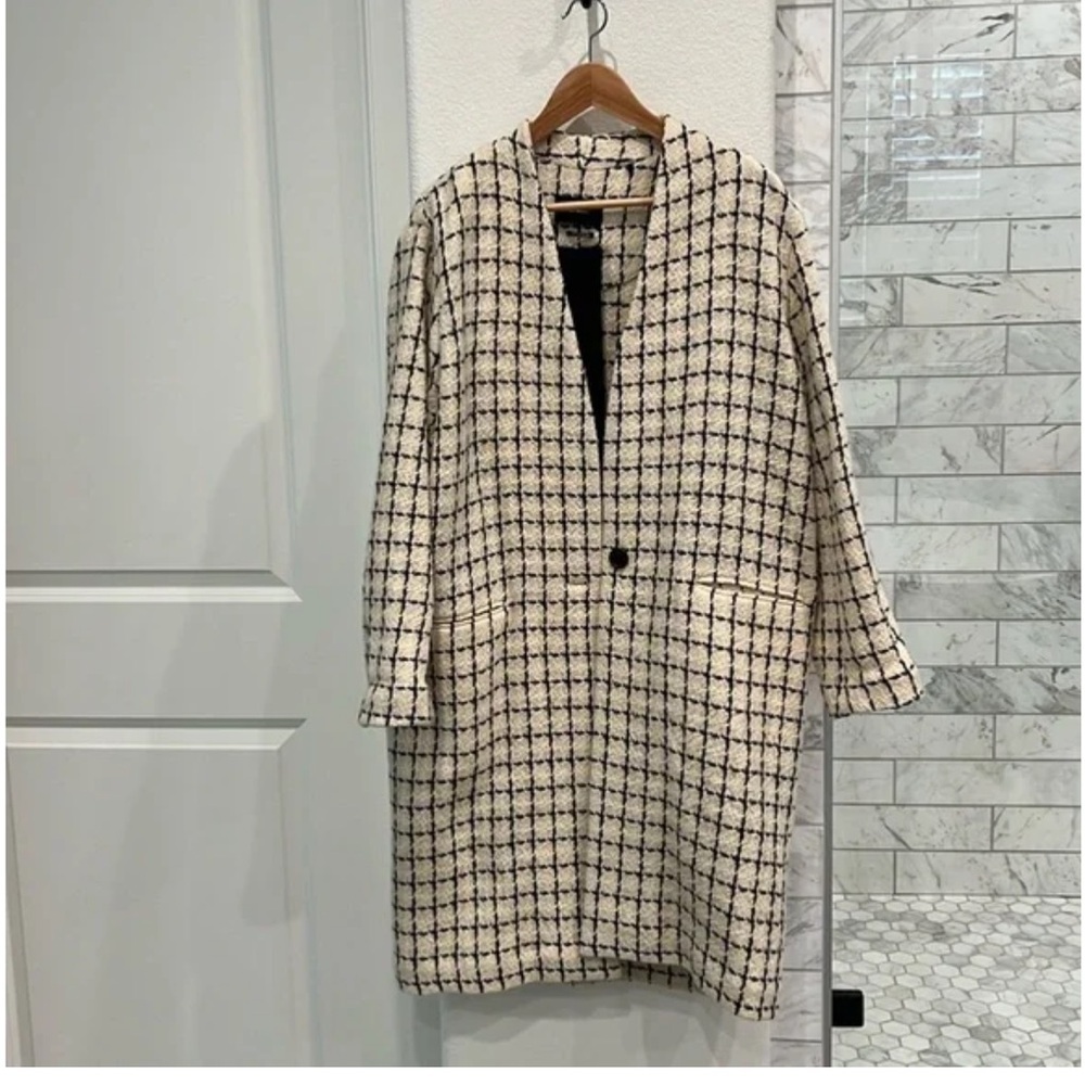 Elegant Cream and Black Checkered Women's Coat